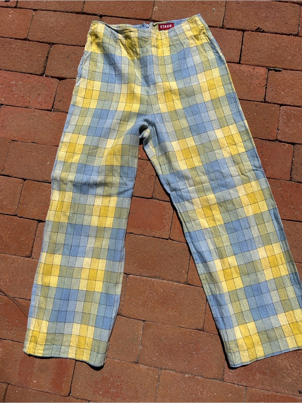 STAUD Yellow and Blue Plaid Wide-Leg Trousers